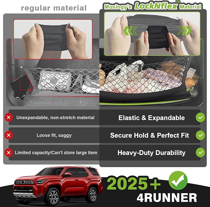 Muslogy Truck Bed Cargo Net Trunk Netting Compatible with 2025 2026 Toyota 4Runner Accessories, Pickup Cargo Organizer SUV Sedan Storage Net w/Heavy Duty Carabiners