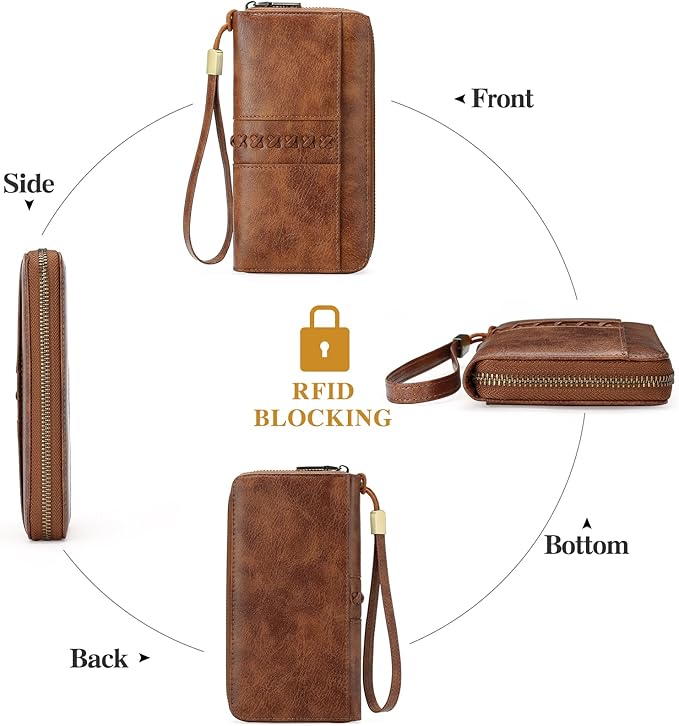 GOIACII Wallet for Women Ladies Wristlet Long Purse Zip Around Clutch RFID Blocking Vegan Leather