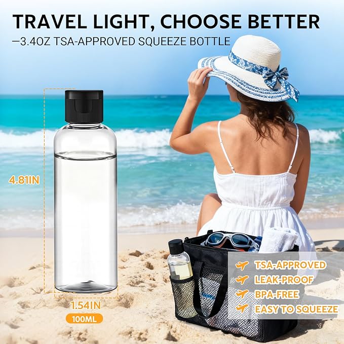 5 Pack 3.4 oz Travel Bottles for Toiletries, TSA Approved Leak Proof Refillable Travel Size Containers, Clear Plastic Shampoo Bottles for Lotion Conditioner