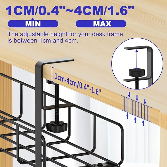 Under Desk Cable Management Tray, 31.5'' No Drill Heavy Duty Steel Cable Tray Organizers, Wire Management Tray Cable Rack with Clamp Mount, Adjustable Metal Under Desk Tray (Black, 2 Pack)