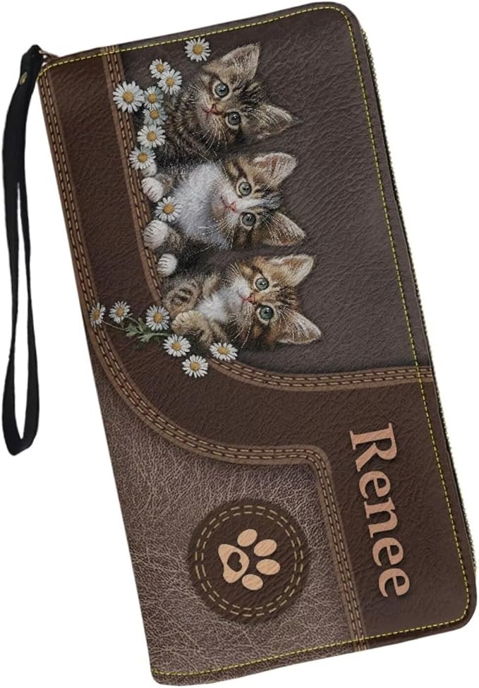Bulopur Custom Wallet with Name for Women Cute Cat RFID Wristlet Wallets Zip Around Cash Slim Compact Clutch Long Credit Card Holder PU Leather Handbags Gifts for Cat Owner