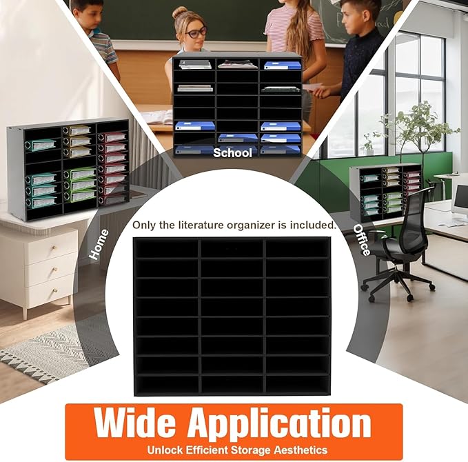Literature Organizer 24 Slots, Compartments Mail Sorter Organizer, Adjustable Desktop File Organizer with Removable Shelves, Paper Organizer for Home Office School (Black, 24 Slots)
