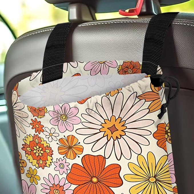 Car Trash Bag Hanging Back of Seat Waterproof Small Cute Printed One-Handed Strap Drawstring Garbage Bags for Car-Colorful Flower