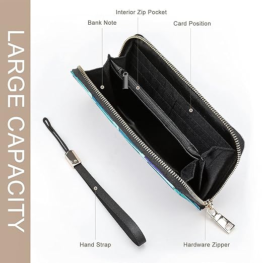 Unisex Zip Around Wallet for Adults Teens Cartoon Diamonds Background Blue Coin Pouch Cash Pocket PU Leather Wallets Card Holder Organizer Designer Purse with Wristlet Strap