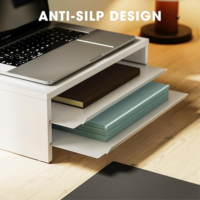 Fenge Monitor Stand, 3-Tier Monitor Riser with Slide-Out Tray, Wooden and Metal Desktop Organizer for Home Office, Computer, Laptop, Printer, Telephone