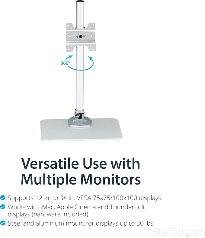 StarTech.com Single Monitor Stand, Adjustable, Supports UHD, iMac and Apple Thunderbolt Displays from 12'' to 34" (30.9lb/14kg), Premium Single Screen VESA Monitor Mount Stand, Silver, TAA