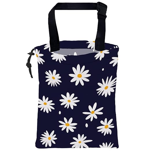 Car Garbage Bag Navy Blue Daisy Floral Hanging Canvas Car Trash Bag Waterproof Drawstring Car Back Seat Organizer for Car Back Front Seat Console with Adjustable Buckle