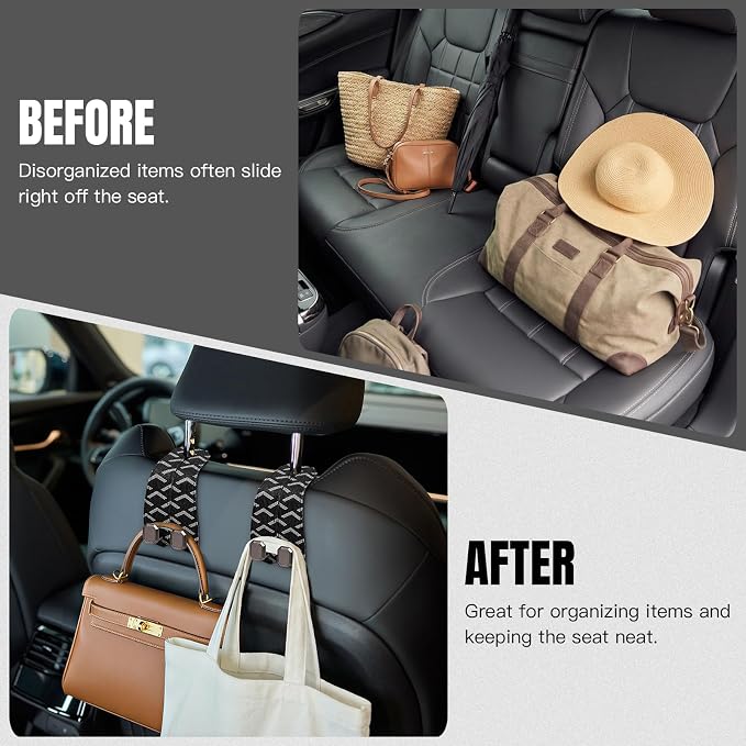 2PCS Car Hooks for Headrest, Faux Leather Purse Hook for Car Seat Back Organizers and Storage, Double Metal Purse Holder Bag Hanger, Universal Car Interior Accessories for Women Man