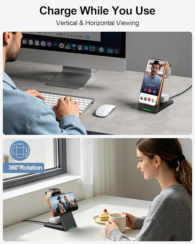 3 in 1 Magnetic Wireless Charging Station - 15W Fast Charging for iPhone 17/16/15/14/13/12, Compatible with MagSafe, for Apple Watch & AirPods, Auto-Dimming Light for Nightstand, Includes 30W Adapter