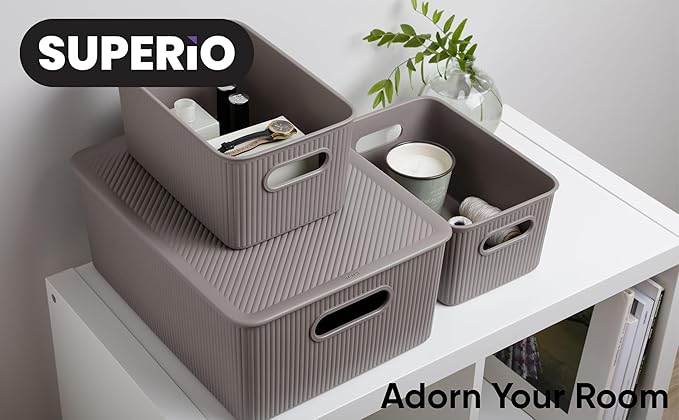Decorative Plastic Basket Lidded Home Storage Bins Organizer Baskets, Medium Taupe (1 Pack - 5 Liter) Stackable Container Box, for Organizing Closet Storage Bins for Shelves - Ribbed Collection