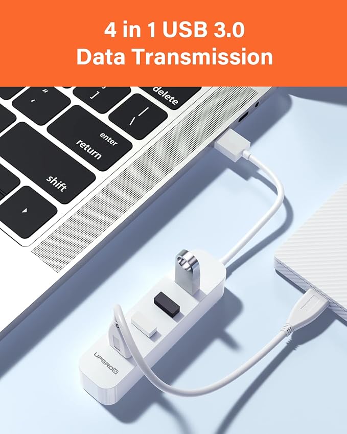 Upgrow USB 3.0 Hub 4-Port USB Hub with 5 Gbps USB Splitter for Laptop MacBook, Mac Pro, Mac mini, iMac, Surface Pro, XPS, PC, Flash Drive, Mobile HDD-White