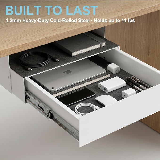 Under Desk Slide Out, Lockable Steel Storage Drawer with Lock and Keys, Full-Extension Slides, Undermount Drawer for Home Office & Standing Desk, 13.8 Inch, White