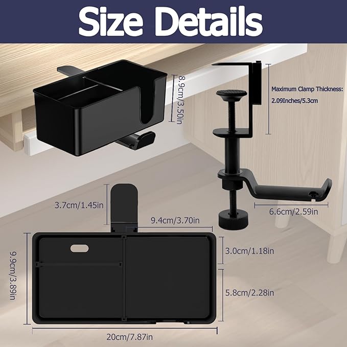 Yinqster 2/3/4 in 1 Desk Cup Holder and Headphone Hanger,Clip on Cup Holder with Rotating Headphone Stand & 2 Wire Holes,Detachable Side Desk Organization for Table,Office Accessories