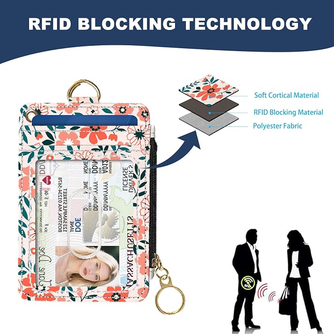 Slim Wallet Credit Card Holder, Orange Floral Print X, RFID Wallet Women Cute Small Front Pocket Wallet With Zipper, PU Leather Thin travel RFID Blocking Card Case ID Window,Ladies Gifts