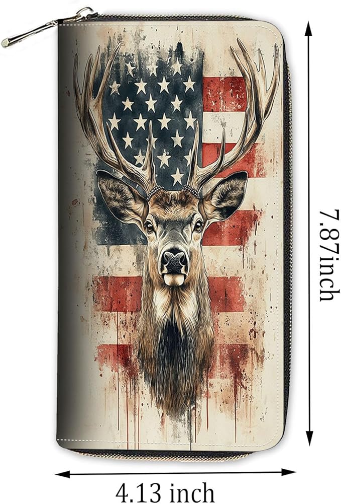 Womens Wallet,RFID Blocking Large Capacity Clutch,Zip Around Leather Purse with 8 Card Slots,Bill Compartments Coin Pocket - Vintage Deer American Flag