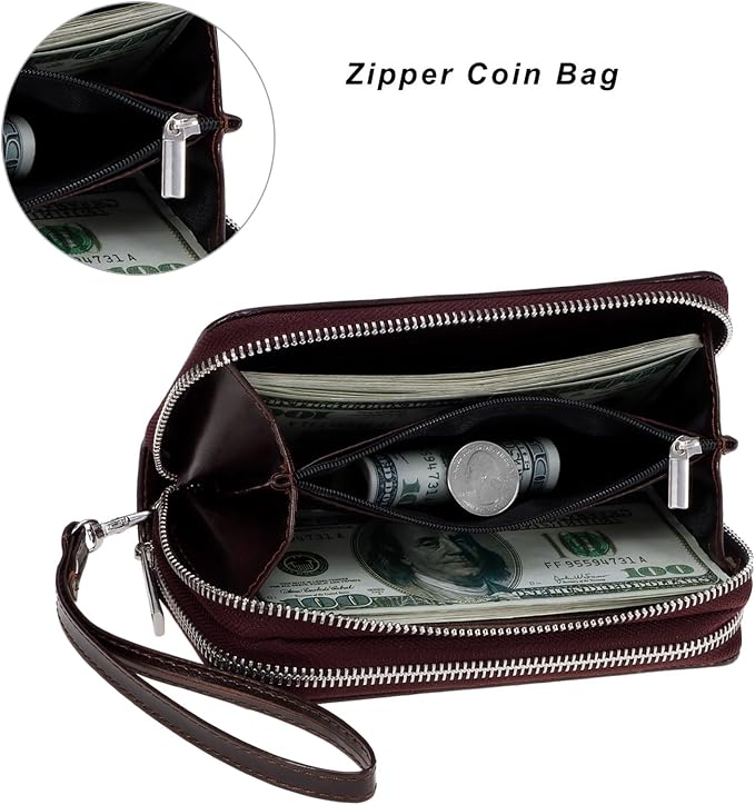 Cellphone Wallet for Women Dual Zipper Long Purse with Removable Wristlet