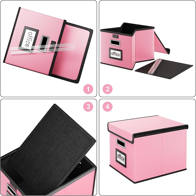 File Organizer Box with Lid, Collapsible Leather File Folder Organizer for Office Document Storage, Filing Box with Plastic Slide for Letter/Legal Size Hanging Files, Pink