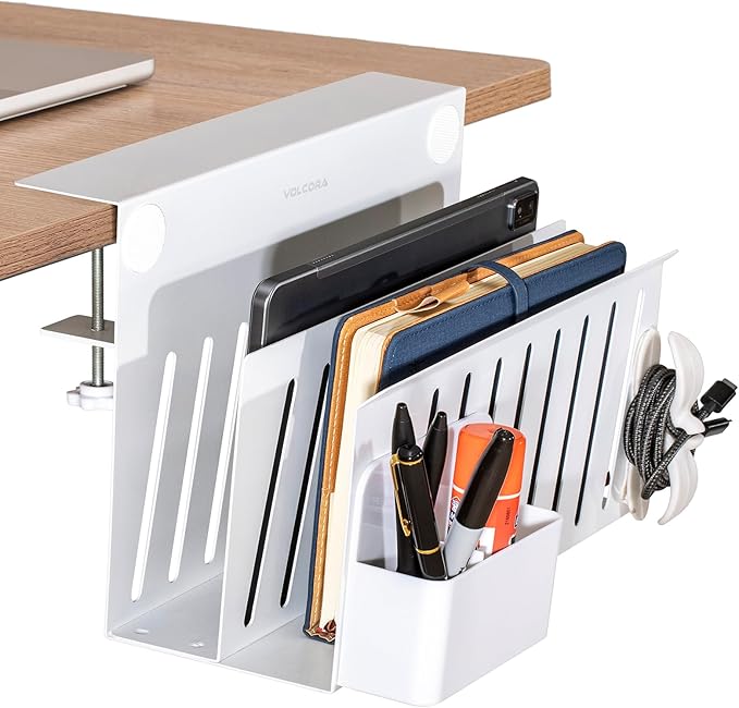 Volcora Side Storage Under Laptop Holder, No Drill Organizer With Magnetic Pen Box, Cable Clamp, Hanging Mount File Holder for Office and Home, 2 Tier White