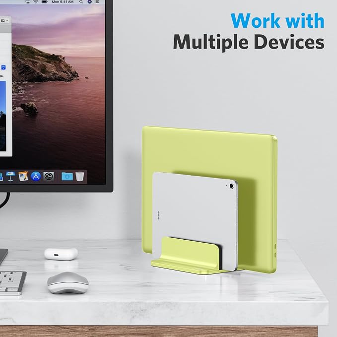 OMOTON Vertical Laptop Stand [Updated Double Version], Desktop Aluminum Mac Book Stand with Adjustable Dock Size, Fits All Mac Book, Surface, Chrome Book and Gaming Laptops (Up to 17.3 inch), (Citron)
