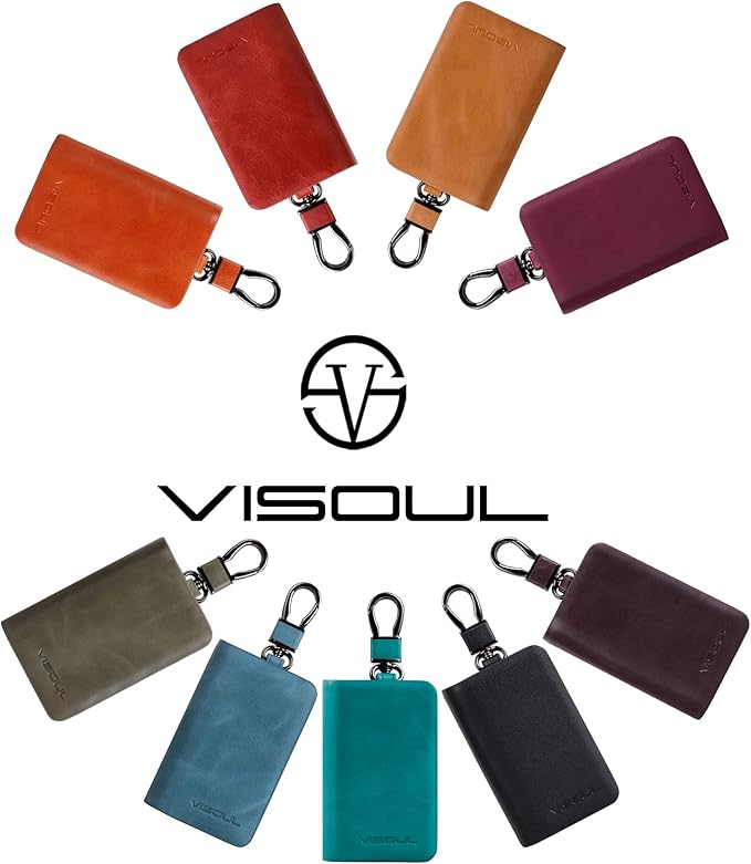 VISOUL Car Key Case Holder Double Zipper, Leather Car Smart Key Fob Case with Keychain for Men and Women