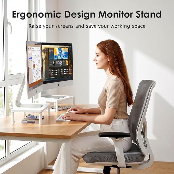 ECOLOVI Wood Computer Monitor Stand Riser for Desk, 4-Height Adjustable Desktop PC Printer Laptop Stand Shelf, Desk Organizer Workspace Accessories for Home Office Supplies, White