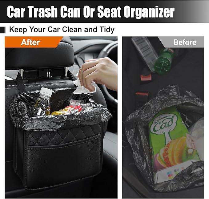Foldable Car Seat Back Organizer, Large Capacity Hanging Car Backseat Storage Bag with Cup Holders, PU Leather Waterproof Car Trash Bag Can, Car Travel Accessories for Most Vehicles (2PCS)
