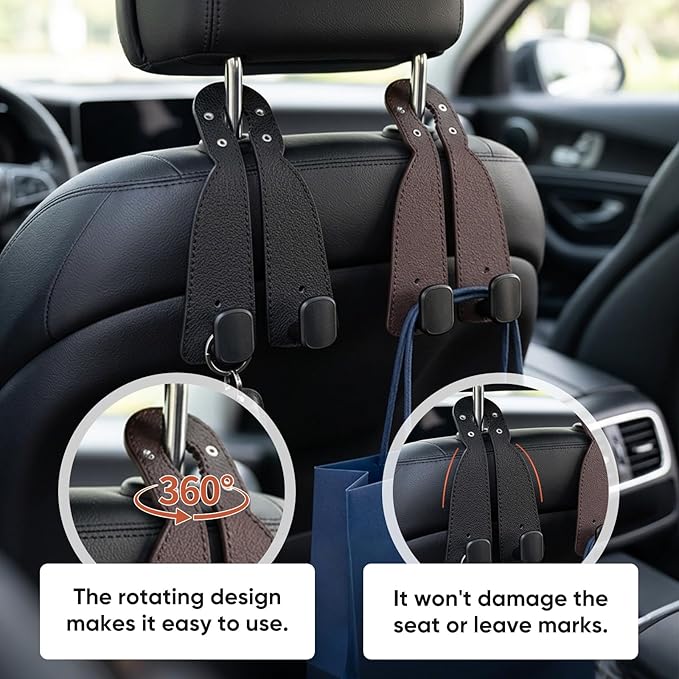 Headrest Hooks for Car,2026 New Two Hook Fur Leather Seat Back Headrest Hanger (2PCS-Black)