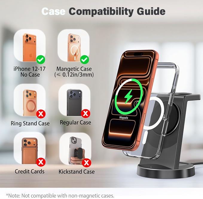 3-in-1 Magnetic Wireless Charger Stand for Apple, 15W Fast Charging Station for iPhone 17 16 15 14 13 Pro Max, AirPods, Watch-Desktop Stand with Sleep-Friendly Light, Ideal for Bedside & Desk