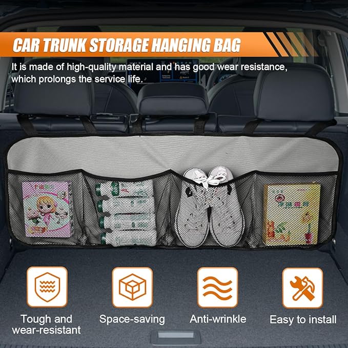 Car Trunk Organizer, Large Capacity Backseat Hanging Storage Bag with 4 Pockets, Waterproof Foldable Car Interior Organizing Accessories, Universal for SUV, Truck, Van, MPV (Grey)