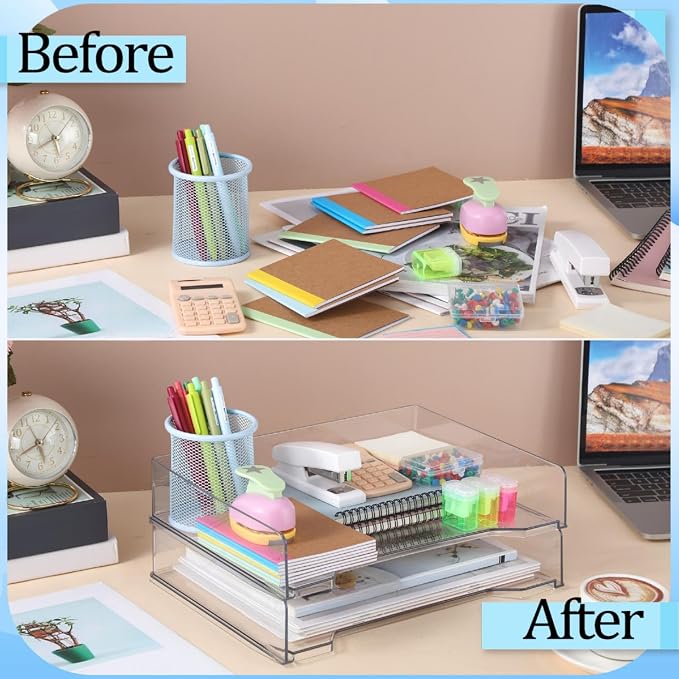 DoubleFill 2 Pcs Stackable Letter Tray Rectangular Plastic Desk Organizer 13 x 9.5 x 2.6 in Paper Holder File Tray Accessories Rack for Desktop Office Desk Drawers (Clear)