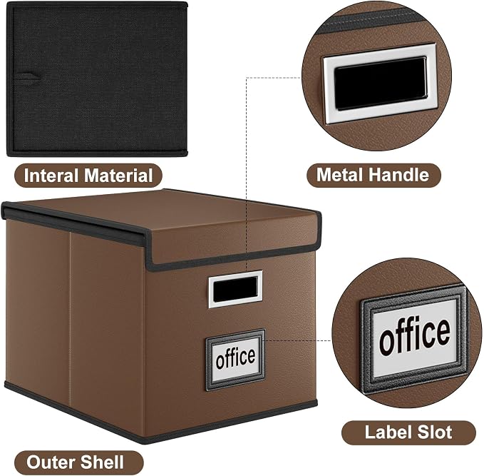 File Organizer Boxes with Lids, Collapsible Faux Leather Hanging File Folder Box Organizer with Plastic Slide, Decorative Home/Office Filing System Boxes for File and Folders Storage