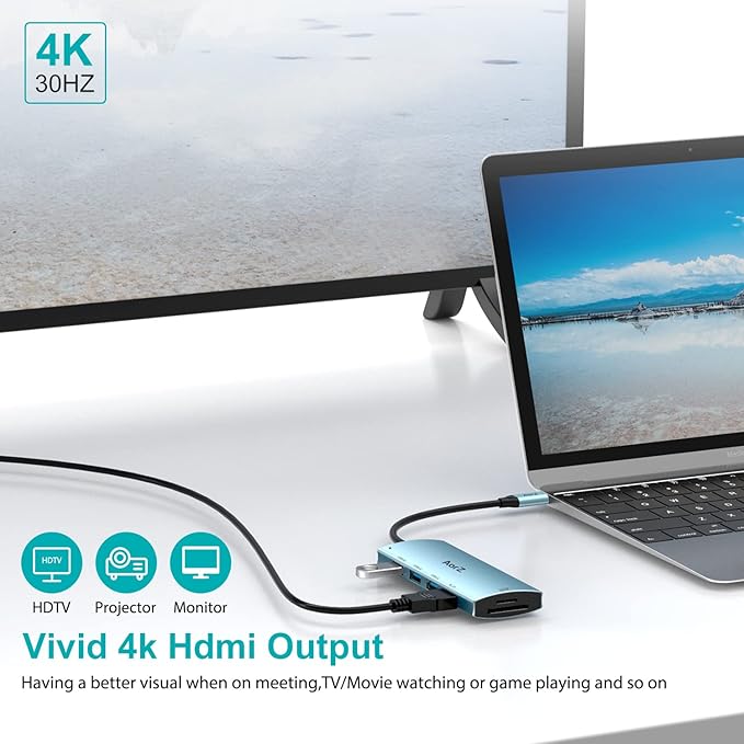 USB C Hub, USB Hub to HDMI Multiport AorZ USB c Dongle Adapter 7 in 1 with 4K HDMI Output, 3 USB 3.0 Ports,SD/Micro SD Card Reader, 100W PD,Compatible with Macbook,XPS and More Type Device(Light Blue)