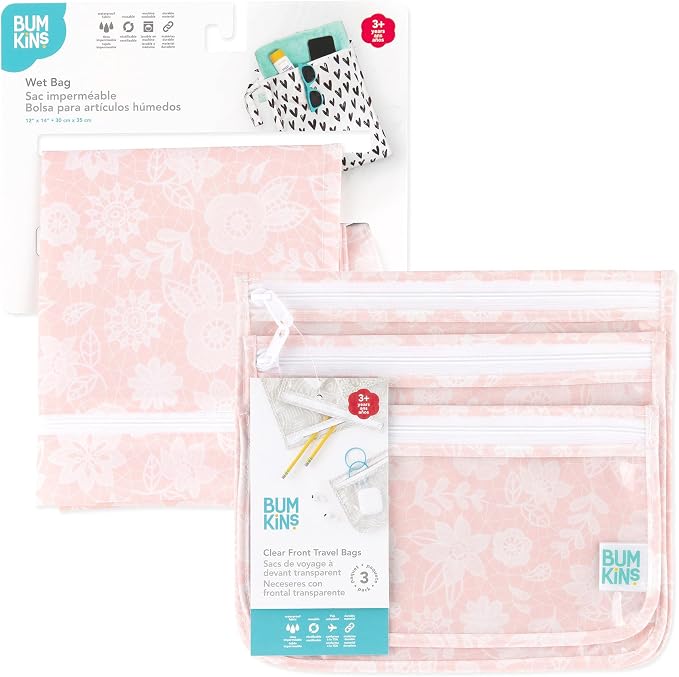 Bumkins Wet Bag and 3-Pack Clear-Sided Travel Pouches, Waterproof Organizer for Toiletries, Gym Clothes, Swim Gear, Shoes, Accessories, TSA Compliant Packing Set - Pink Lace - 4 Pack