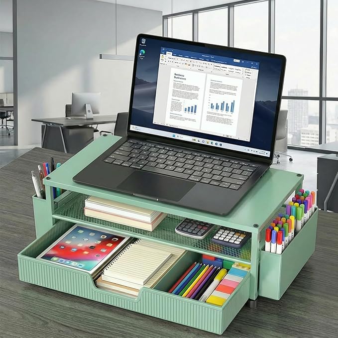 ECOLOVI Desk Organizer and Accessories, 2-Tier Computer Monitor Stand Rise with Storage Drawer & 2 Pen Holders, Laptop & Printer Stand for Desktop, Workspace Organizers for Office Supplies (Green)