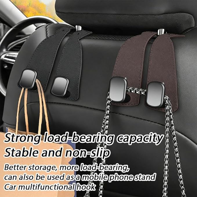 Car Purse Hook for Headrest, 2-in-1 Design with Phone Holder, Heavy Duty Metal Vehicle Storage Organizer, Universal Handbag Holder, Black Leather Seat Hangers for Grocery Bags, Clothes (Black)