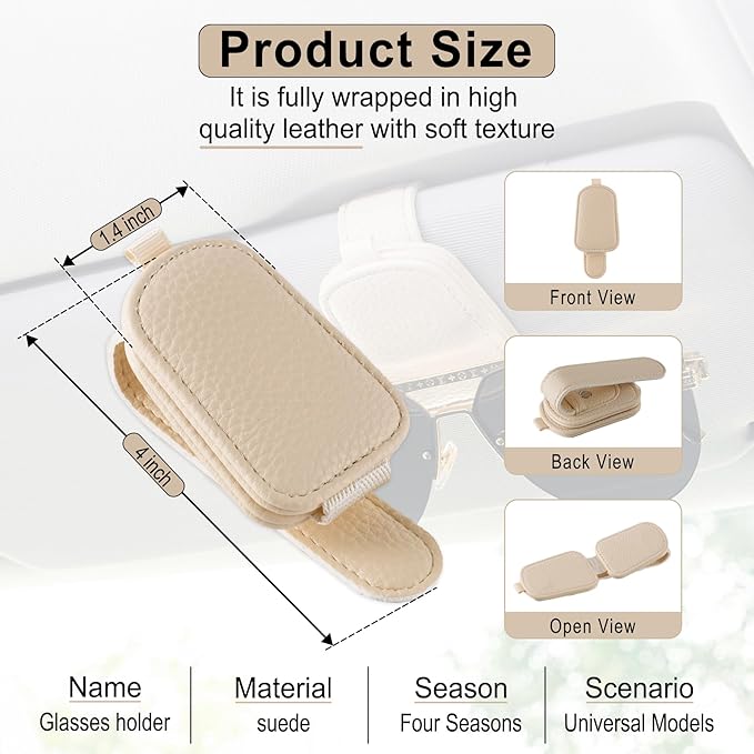 SINGARO Sunglasses Holder for Car, Leather Magnetic Buckle Sun Visor Sunglass Clip, Ticket Card Storage Glasses Clip, Car Interior Accessories for Men and Women（Beige）