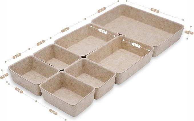 Welaxy Office Drawer organizers felt storage bins Shallow Small Desk trays Draw dividers Nordic Lifestyle Natural Scandinavian-chic style 7-piece (Oatmeal)