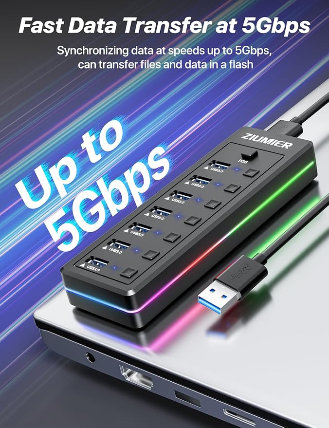 USB Hub 7 Port, USB 3.0 Hub with RGB LED Strip -USB 3.0 Data Transfer Ports,Individual LED On/Off Switches for Laptop, PC, Mouse, Keyboard, Hard Drive or More USB Devices.