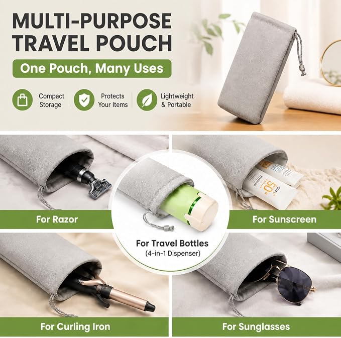 4 in 1 Travel Dispenser, Leak-Proof Travel Bottles with Storage Bag, 4 Refillable 30ml (1oz) Travel Containers for Toiletries, Portable Green Set for Shampoo, Body Wash, Lotion