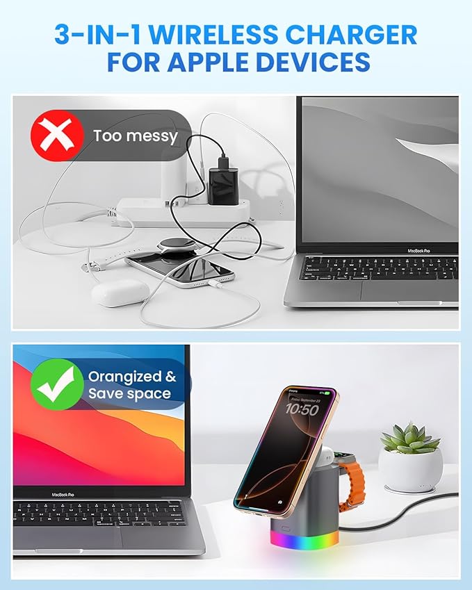 JoyGeek 3-in-1 Charger Stand for Magsafe: Foldable Wireless Charging Station with Night Lights - Magnetic Charger Dock for iPhone 15/14/13/12 Pro/Max/Plus, AirPods, Apple Watch 2-9 (Light Grey)
