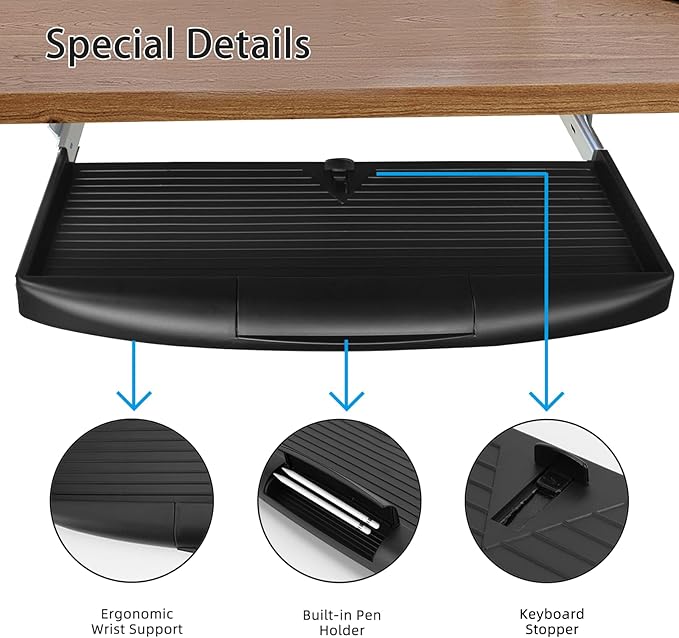 22"Wx11"D Under Desk Keyboard Tray Slide Out, Pull Out Keyboard Tray for Desk, Keyboard Holder Under Desk,Sturdy Keyboard Shelf Under Desk, Black Keyboard Drawer Desk Extender