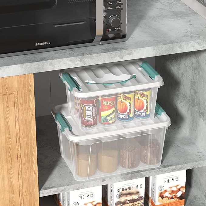 2-packs Latch Storage Boxes with Handle, 7 Quart & 14 Quart Clear plastic Container Tote