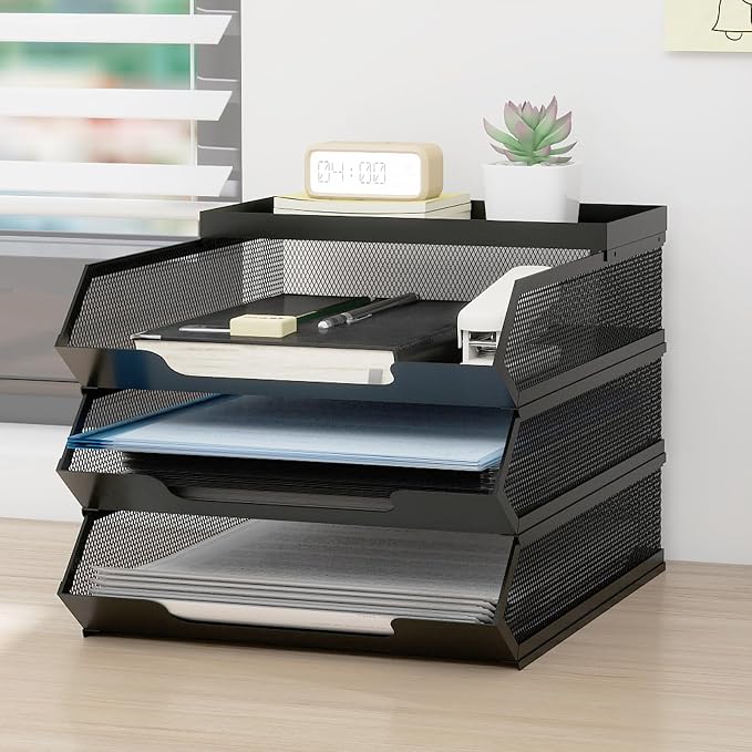 Natwind 3-Tier Stackable Metal Mesh Paper Organizer with Sliding Tray,Black | Desk Organizer for Office Supplies, Letter Tray For Desktop,File Holder For Home School Classroom Organization