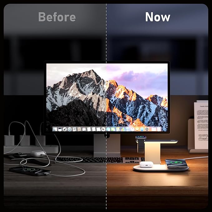 GUSGU 3 in 1 Charging Station with Three-Level Night Light, 15W Max Fast Charging, Wireless Charger for iPhone 15/14/13/12, iWatch S1-8/Ultra, AirPods(30W USB-C Charger Included), White