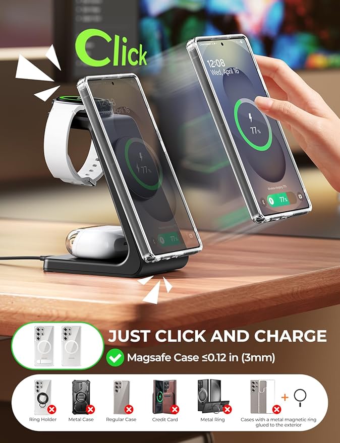 Magnetic Wireless Charger for Samsung, 3 in 1 Mag-Safe Charging Station for Galaxy Watch Ultra/8/7/6, Galaxy Watch Charger, Mag-Safe Charger for S26 Ultra S25 S24 S23 S22/ Z Fold7/ Flip7, Galaxy Buds