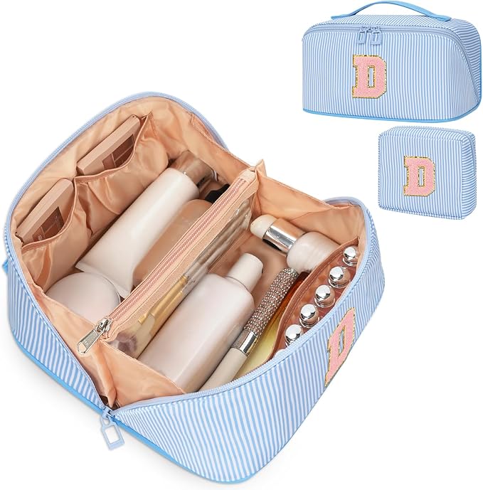 2026 Graduation Gifts - Travel Makeup Bag for Women, 2Pcs Portable Personalized Initial Makeup Organizer Bag, Open Flat Large Cosmetic Bag With Travel Essential Pouch (Blue Letter D)