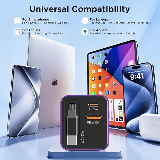 65W GaN USB C Charger Block with 2.3FT Retractable Cable, 3-Port Fast Wall Plug (2 USB-C & 1 USB-A) for iPhone 17 16 15, Samsung Galaxy S25, MacBook Pro/Air, Travel (Purple)