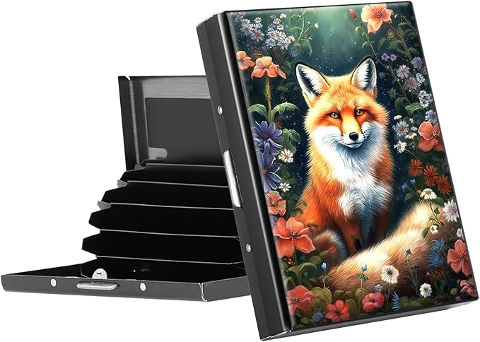 RFID Blocking Credit Card Holder - Slim Metal Wallet for Women & Men,Fox Flowers Design Stainless Steel Business Card Case,Compact Pocket Organizer for Travel & Daily Use