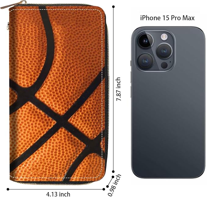 Women's Large Capacity Wallet PU Leather Zip Around Clutch Purse Multifunctional Wallet with Removable Wristlet Strap for Smart Phone/Coin/Card/Cash, Basketball Surface