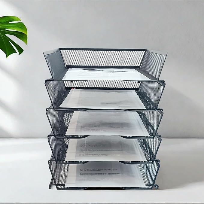 5-Tier Letter Tray Desk Organizer,Metal Stackable File Trays,Black | Shelves for Letter Size or A4 Paper Storage Organizer,Metal Mesh File Basket for Ofice Desk